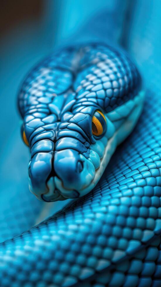 A close up of a blue snake with its head turned to the side photo