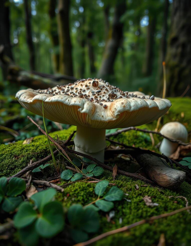 A mushroom sitting on top of a moss covered ground photo