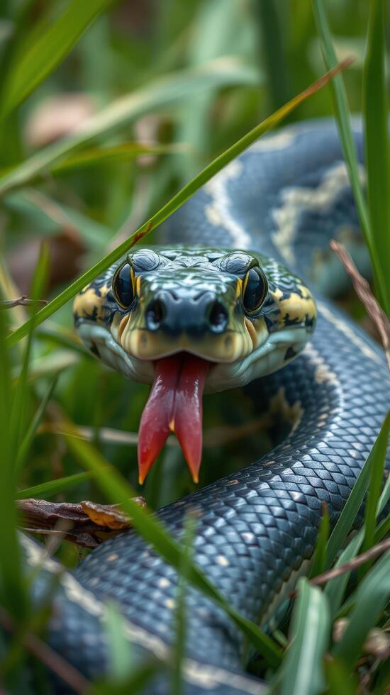 A snake with its mouth open in the grass photo