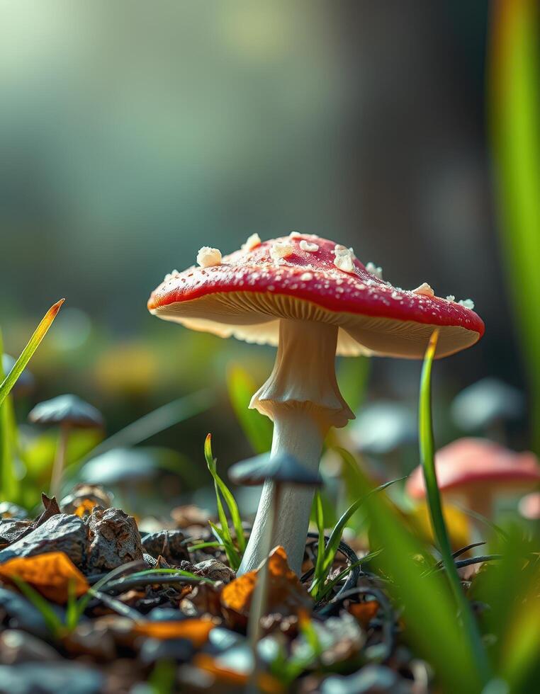A mushroom is sitting on the ground in the grass photo