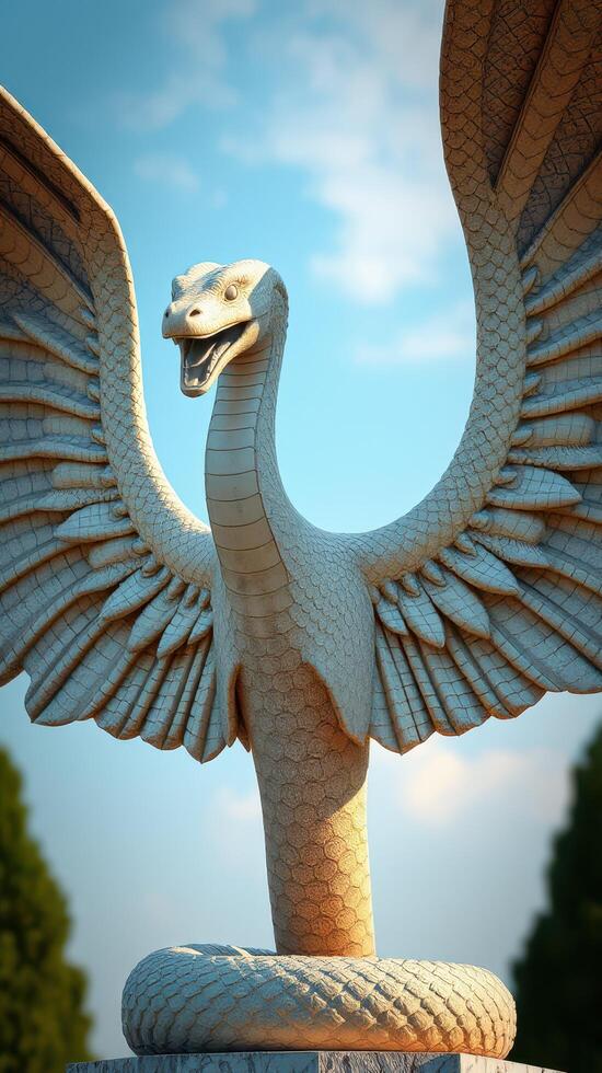 A statue of a bird with wings open photo