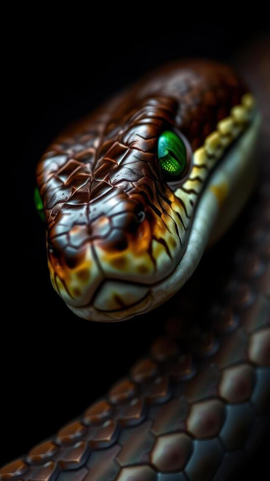 A close up of a snake with green eyes photo