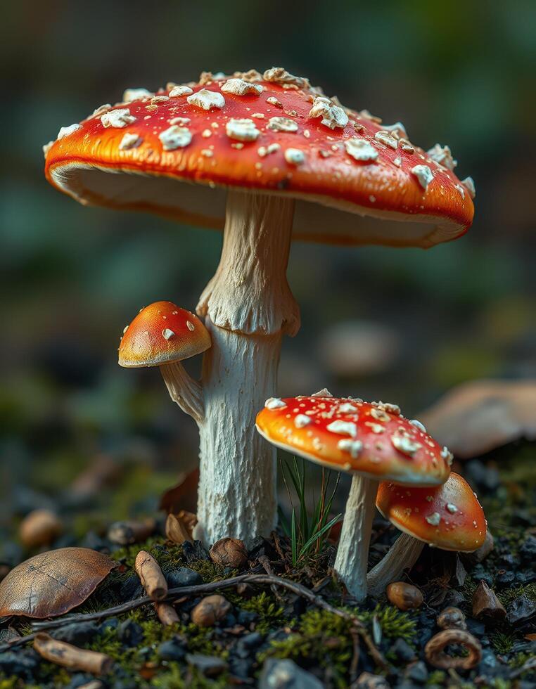 A group of mushrooms are sitting on the ground photo