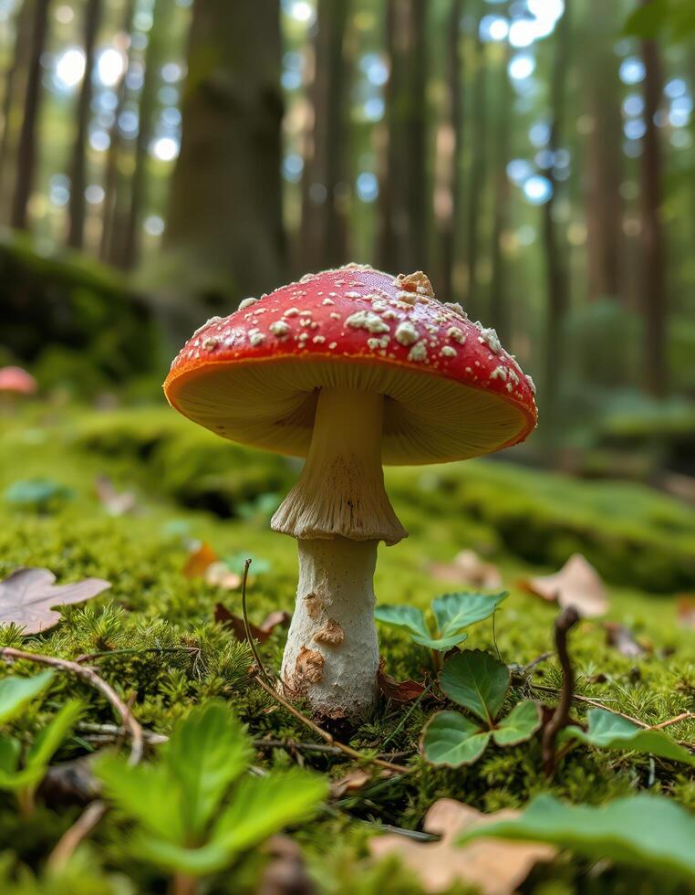 A red mushroom is standing on top of a green moss covered forest photo
