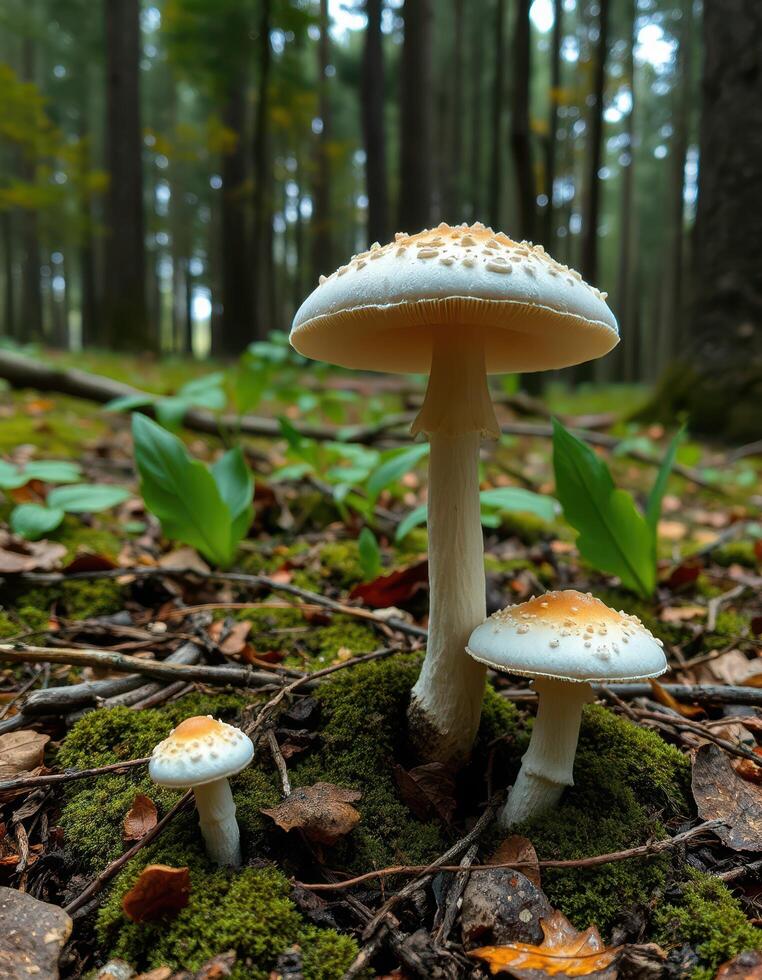 Two mushrooms are standing in the middle of a forest photo