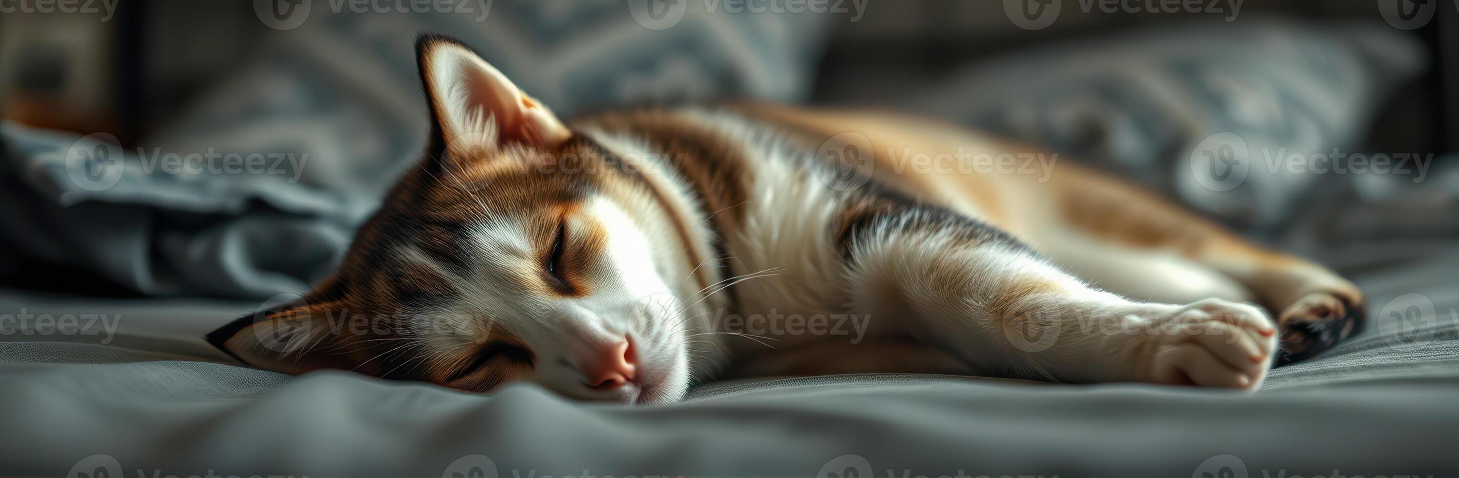 Calm domestic cat resting on a cozy bed surrounded by soft pillows in warm indoor lighting photo