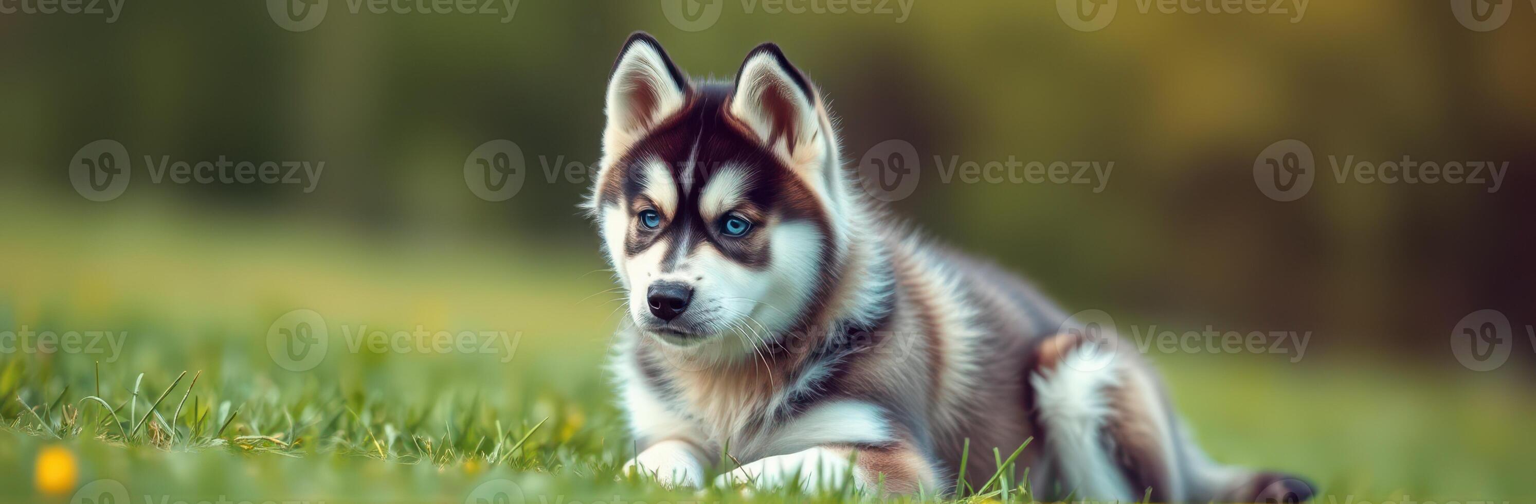 Playful husky puppy resting on green grass under soft sunlight in a park photo