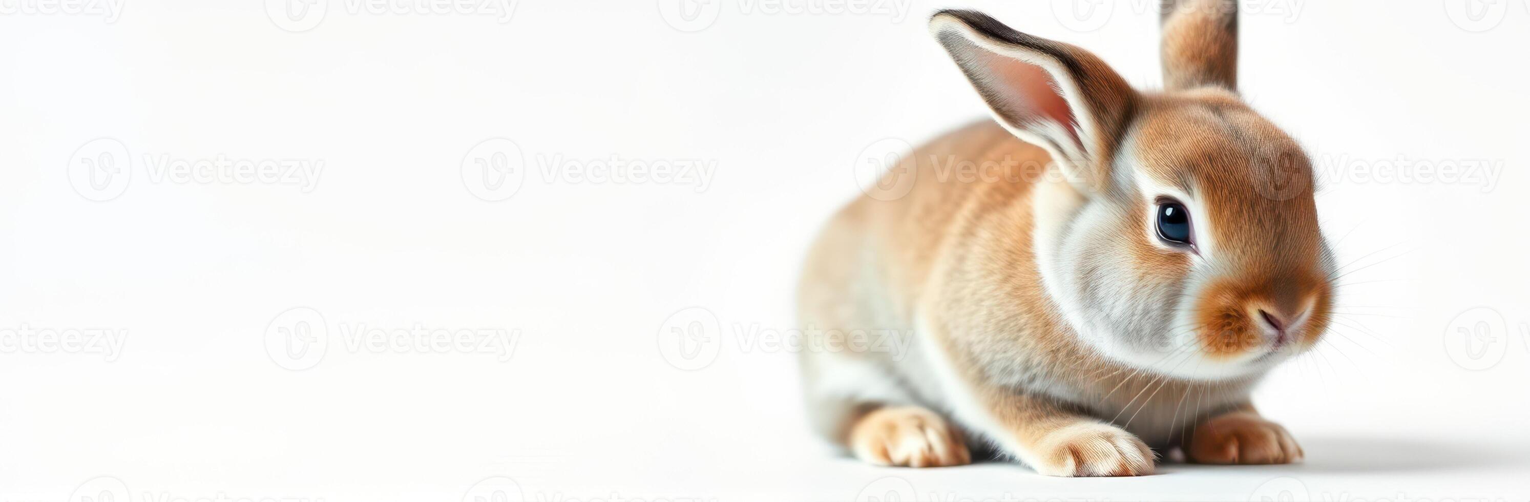 Cute rabbit sitting quietly on a clean white surface during daylight hours showcasing soft fur and curious expression photo