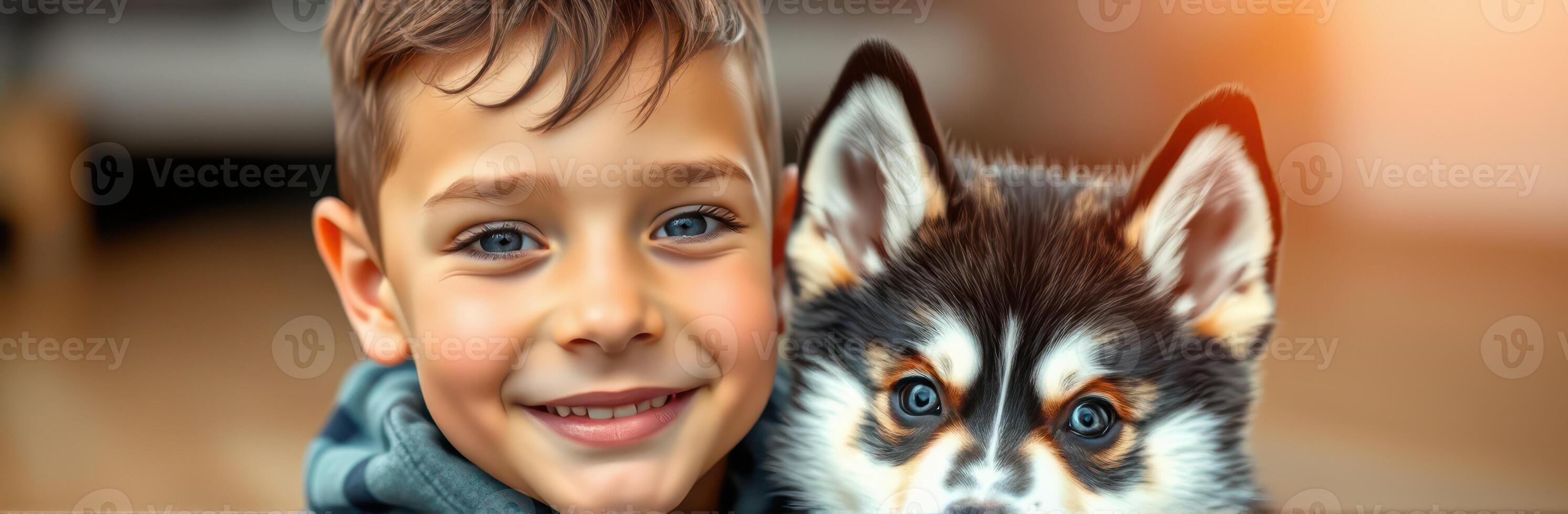 Boy joyfully poses with adorable puppy in cozy indoor setting during afternoon playtime photo