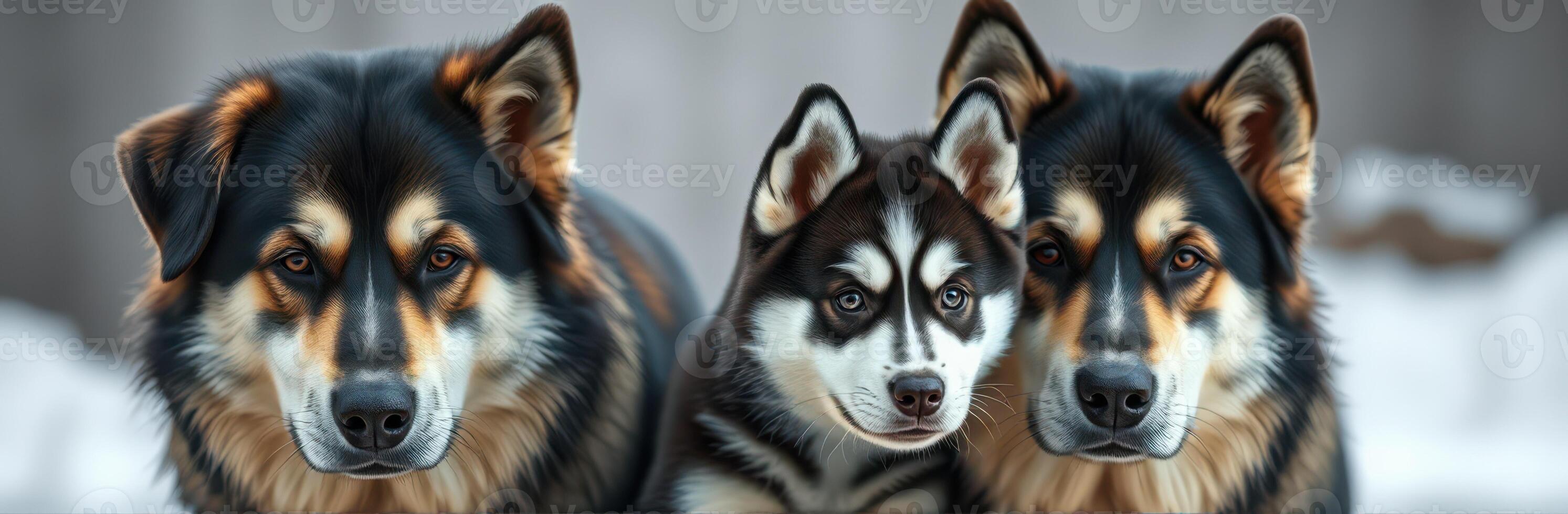 Three beautiful dogs posing together in a winter setting with snow on the ground and cool, muted background tones photo