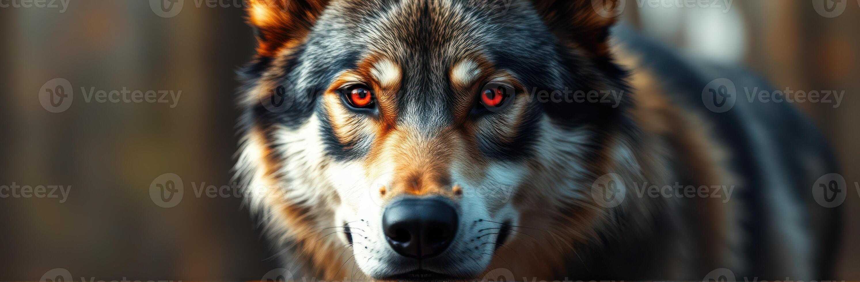 Majestic wolf gazing intensely in a forest setting during golden hour photo
