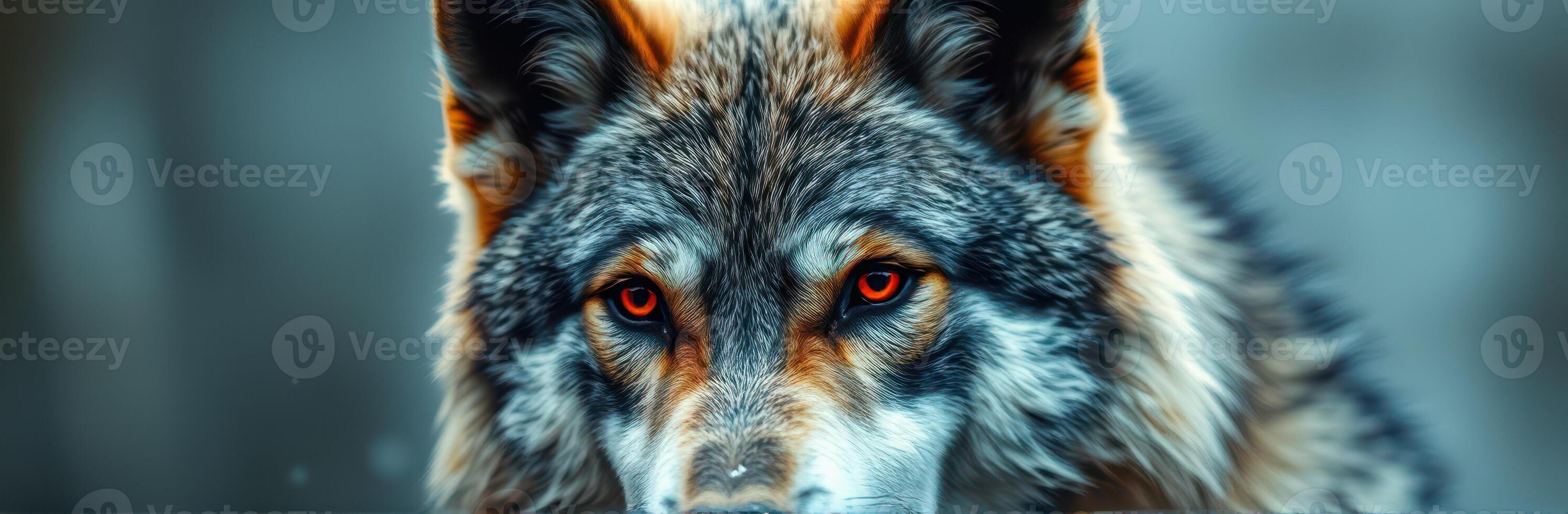Majestic wolf with striking orange eyes captured in a serene, snowy forest during the late afternoon light photo