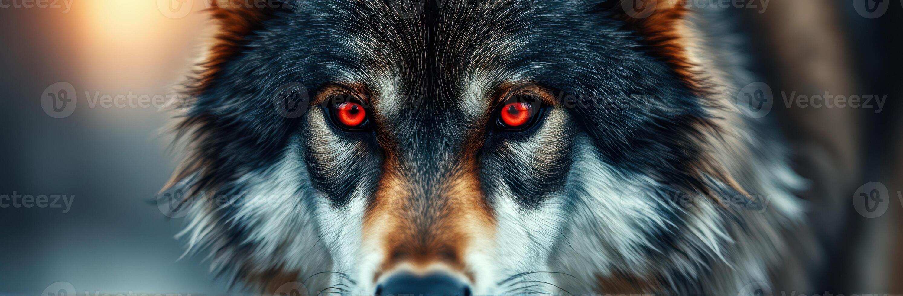 Wolf with intense gaze captures attention in forest setting at dusk photo