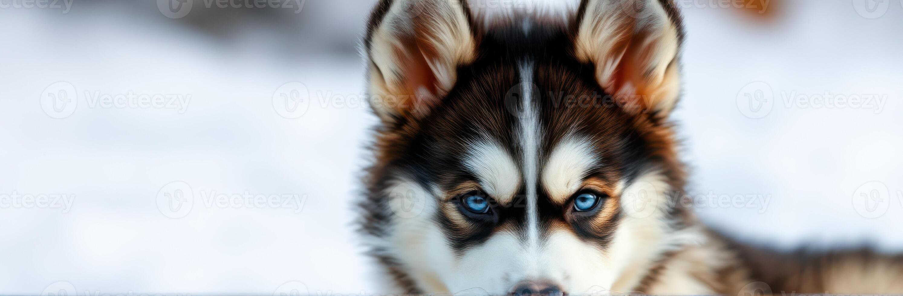 Siberian husky puppy with striking blue eyes exploring snowy landscape during winter afternoon photo