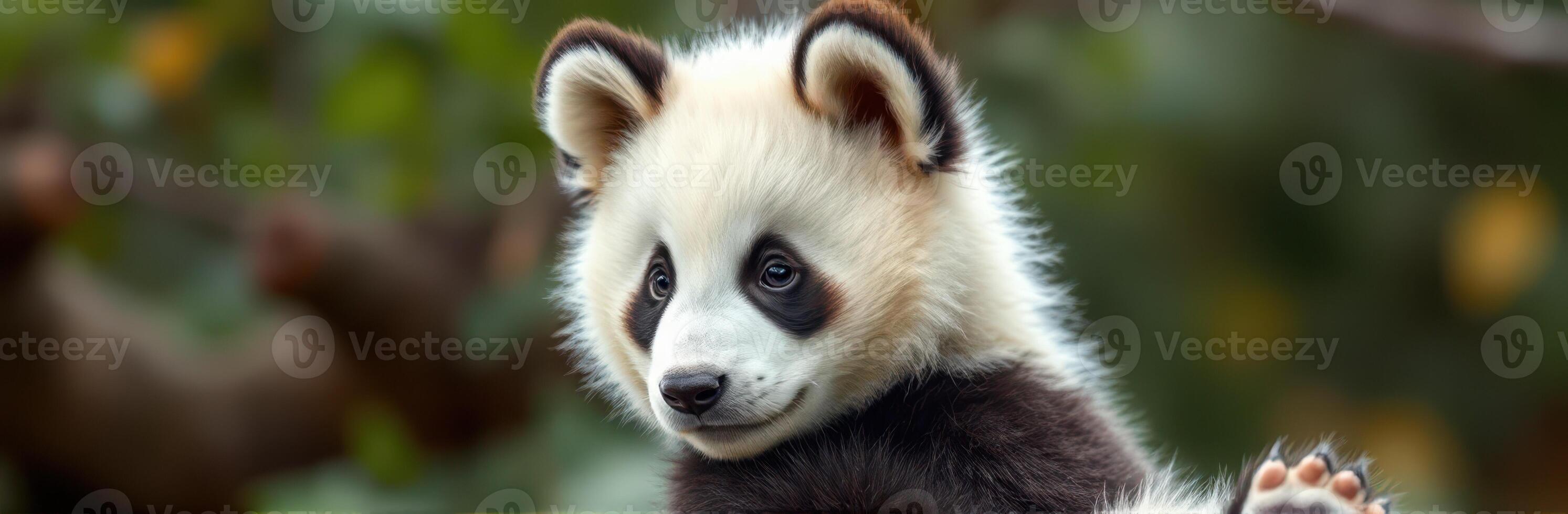 Adorable panda cub resting on a log amidst lush greenery in a wildlife reserve during daylight hours photo