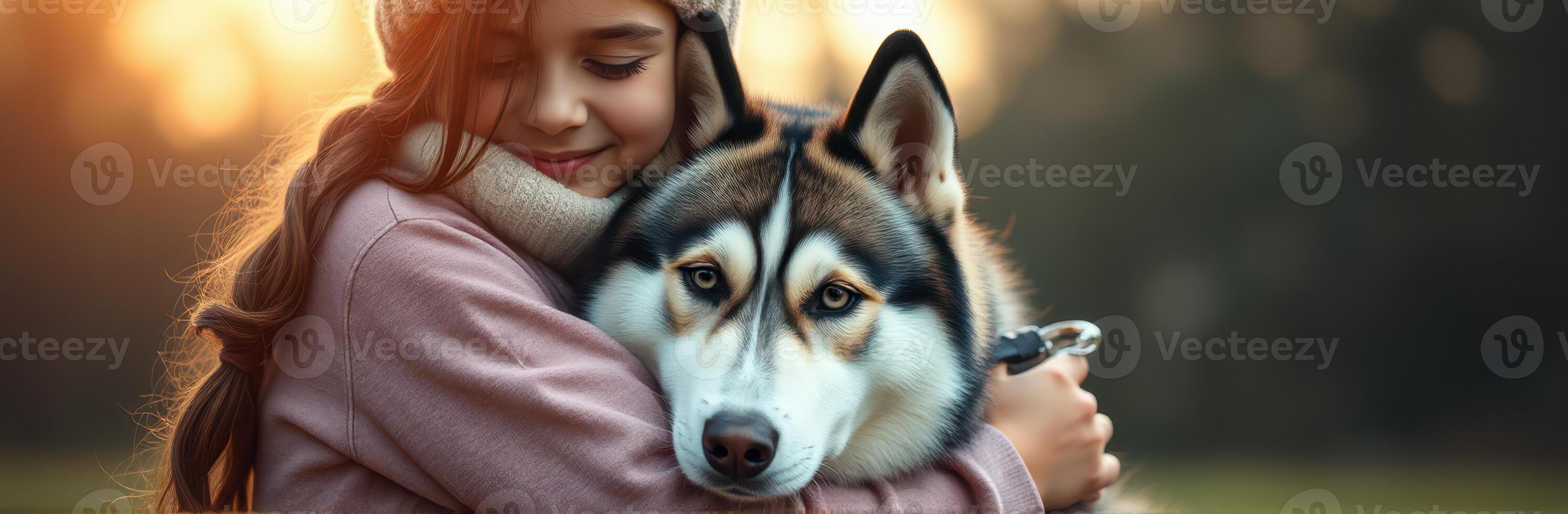 Young girl embraces her husky dog during a golden hour moment in a tranquil outdoor setting photo