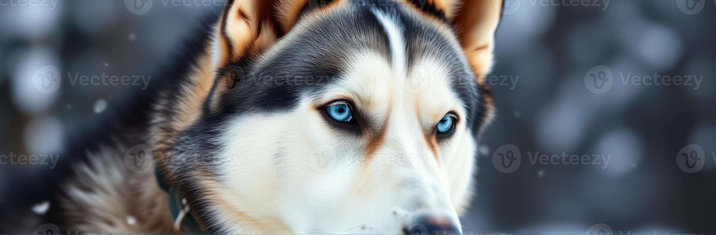 Siberian husky with striking blue eyes in snowy forest during winter photo
