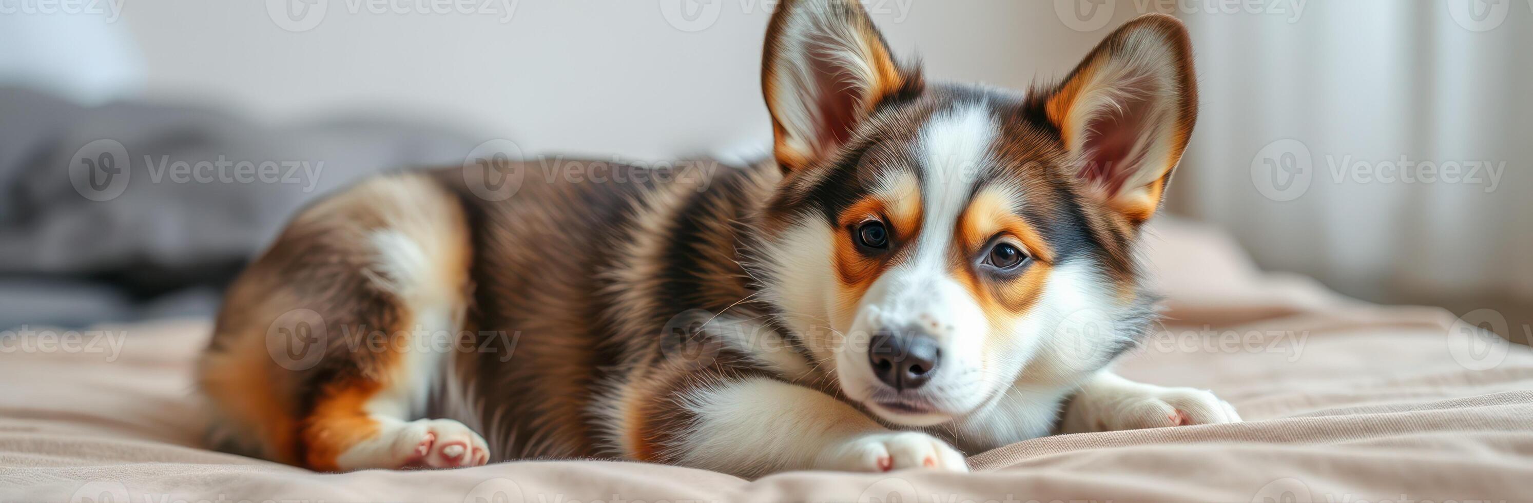 Corgi puppy relaxing on a cozy bed in a bright room during the day photo