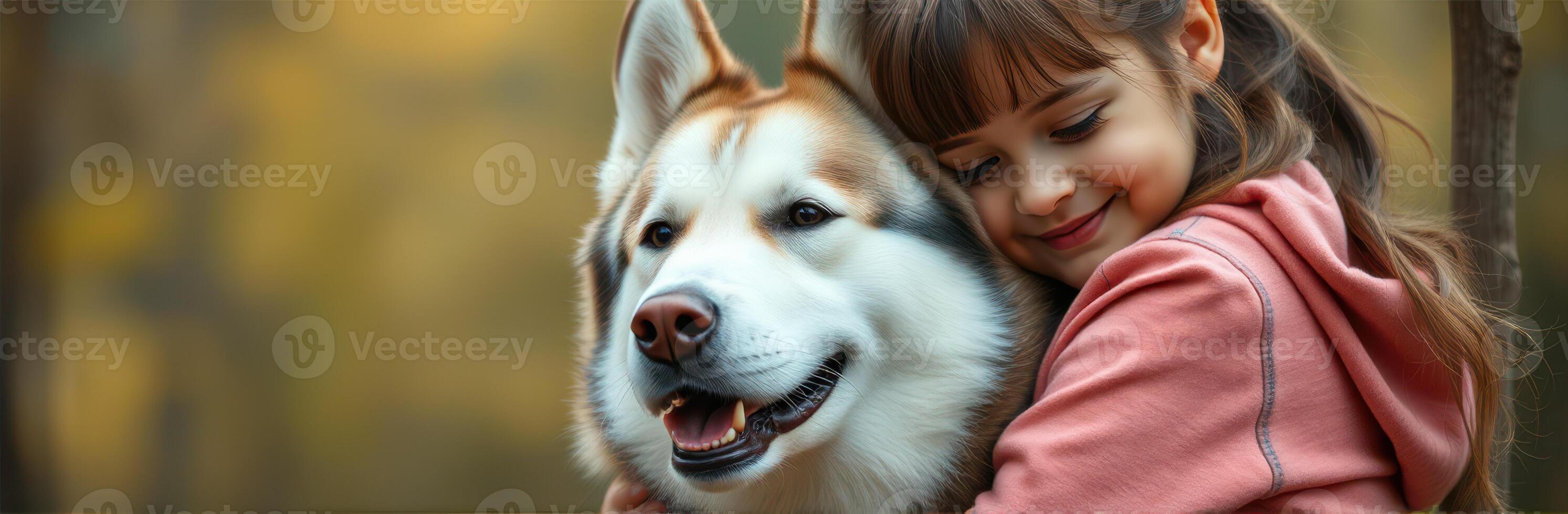 Young girl enjoys a heartfelt moment with her playful husky in the forest during autumn photo