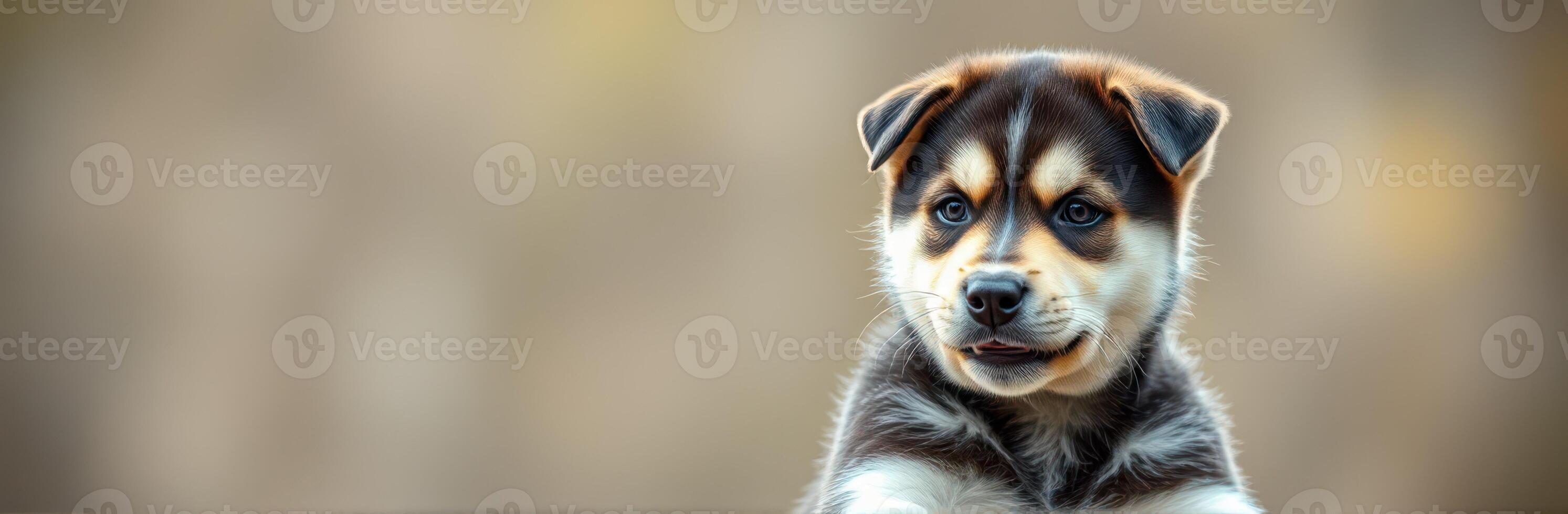 Cute puppy with fluffy fur poses playfully in a warm outdoor setting during the golden hour light photo
