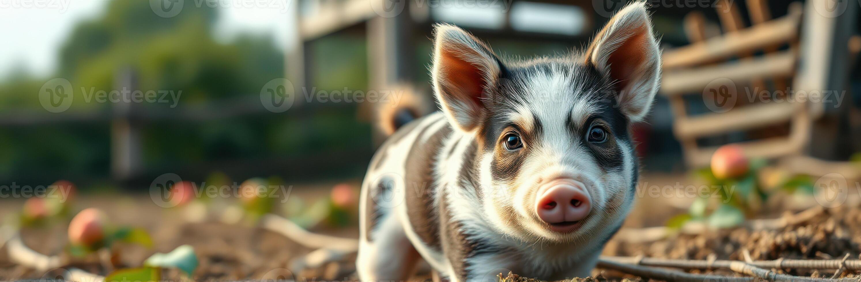 Curious young piglet exploring a sunny farmyard with lush greenery and a rustic wooden backdrop photo