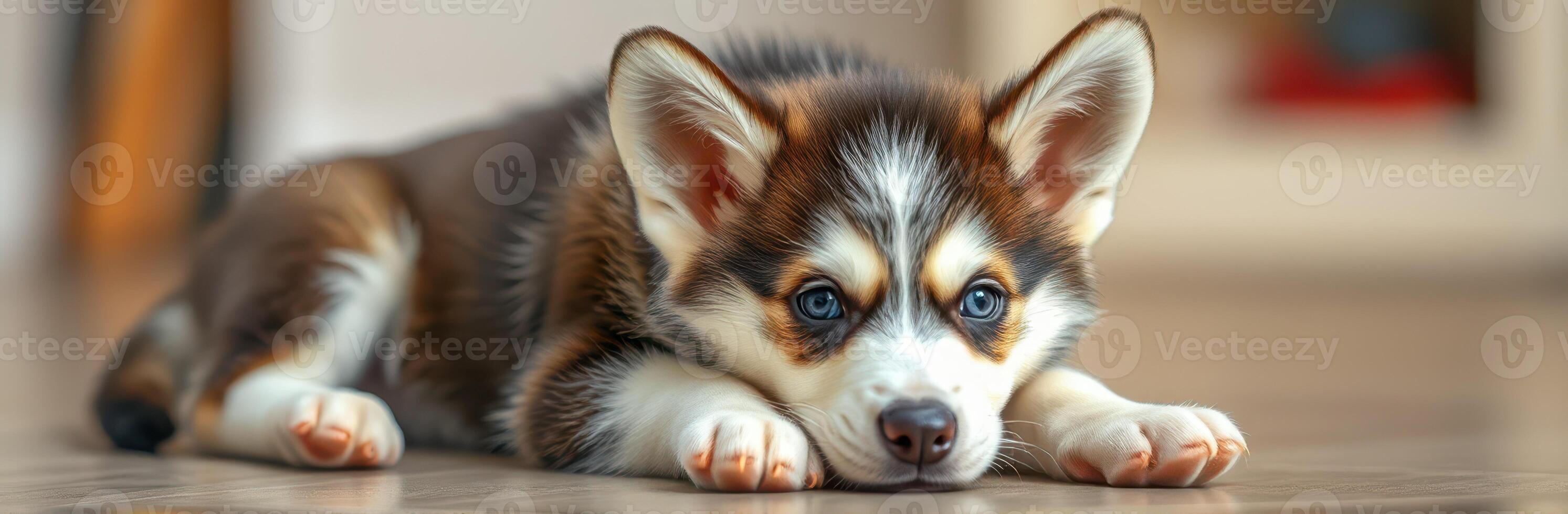 Cute corgi puppy resting on a hardwood floor indoors with bright sunlight illuminating the space and showcasing its fluffy fur photo