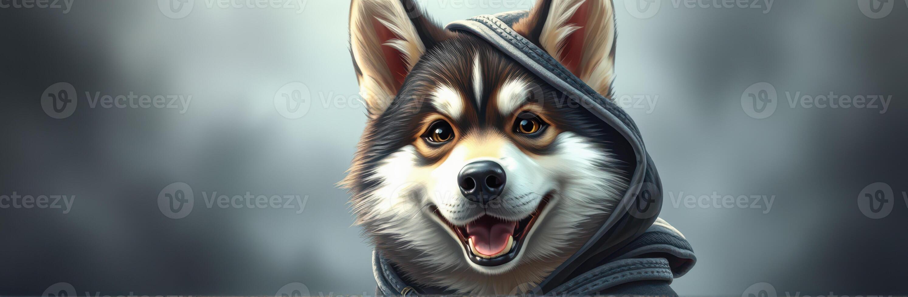 Happy dog wearing a hoodie poses confidently in a playful manner outdoors on a cloudy day photo