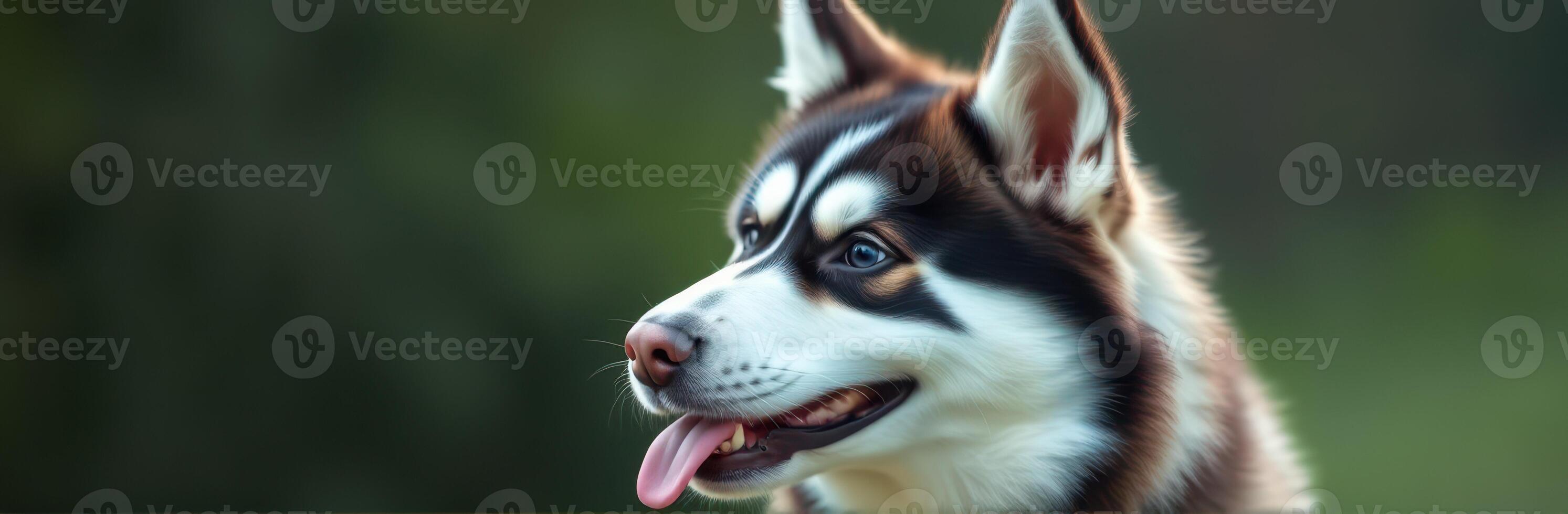 Beautiful Siberian husky with striking blue eyes enjoying a day outdoors in a lush green park setting during the afternoon photo