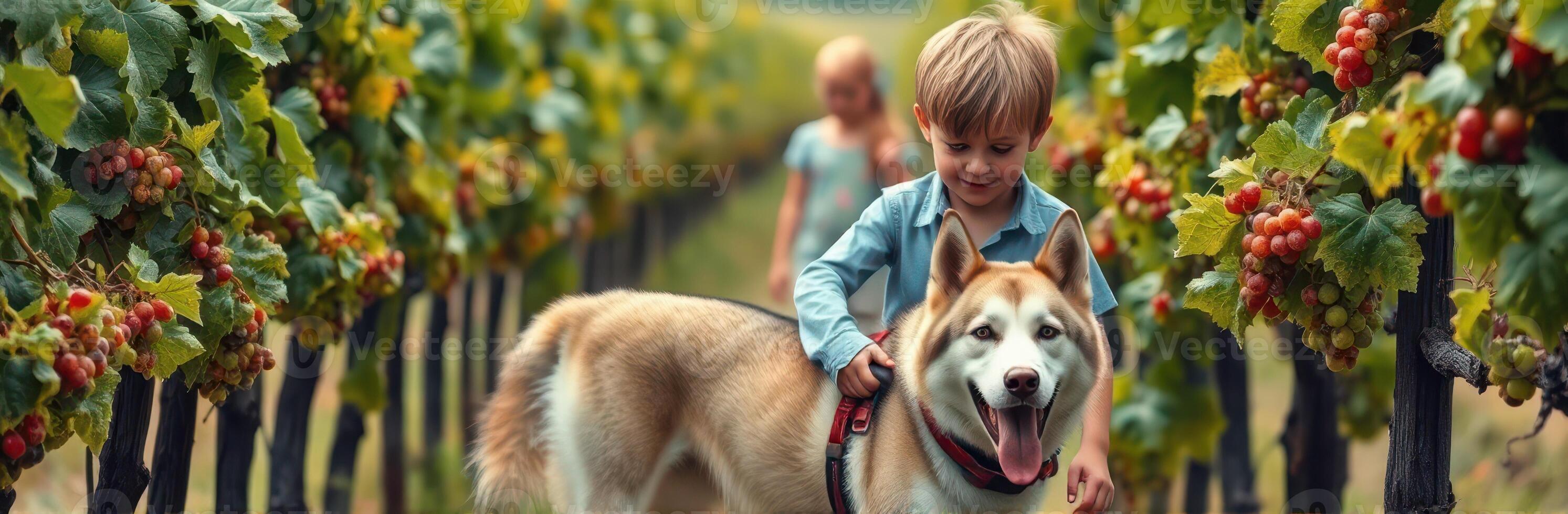 Child playing with dog in a vineyard surrounded by lush green grapevines and another child nearby photo