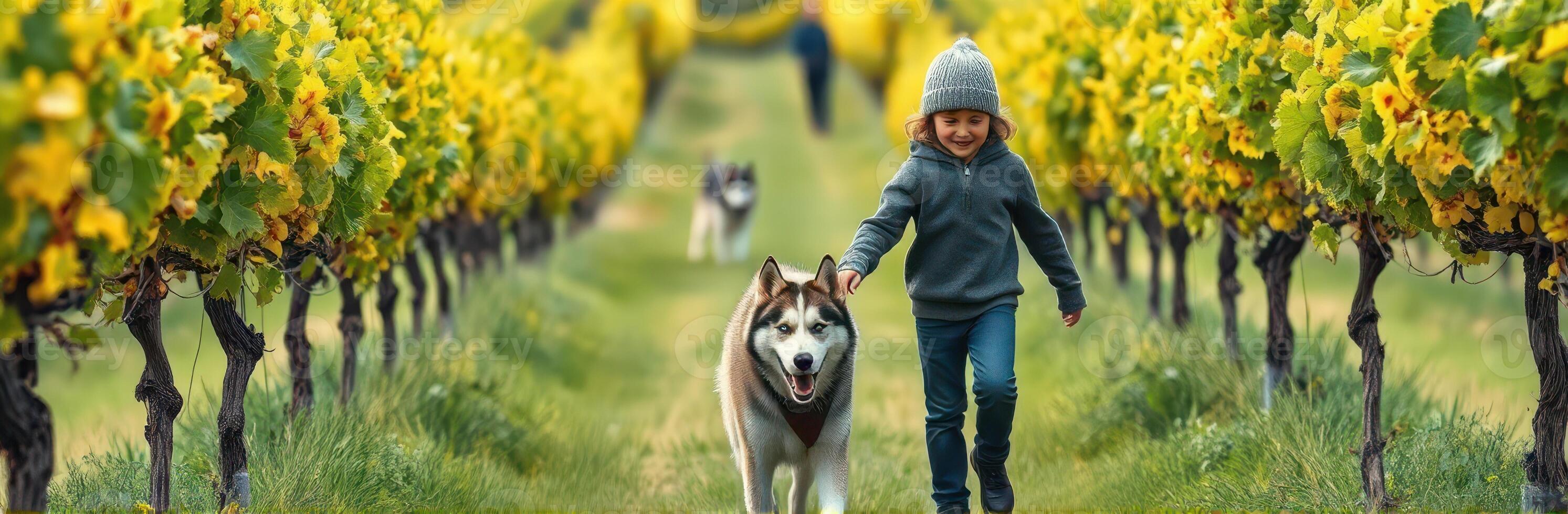 Child walks through vineyard with husky dog during sunny day surrounded by vibrant yellow grapevines photo