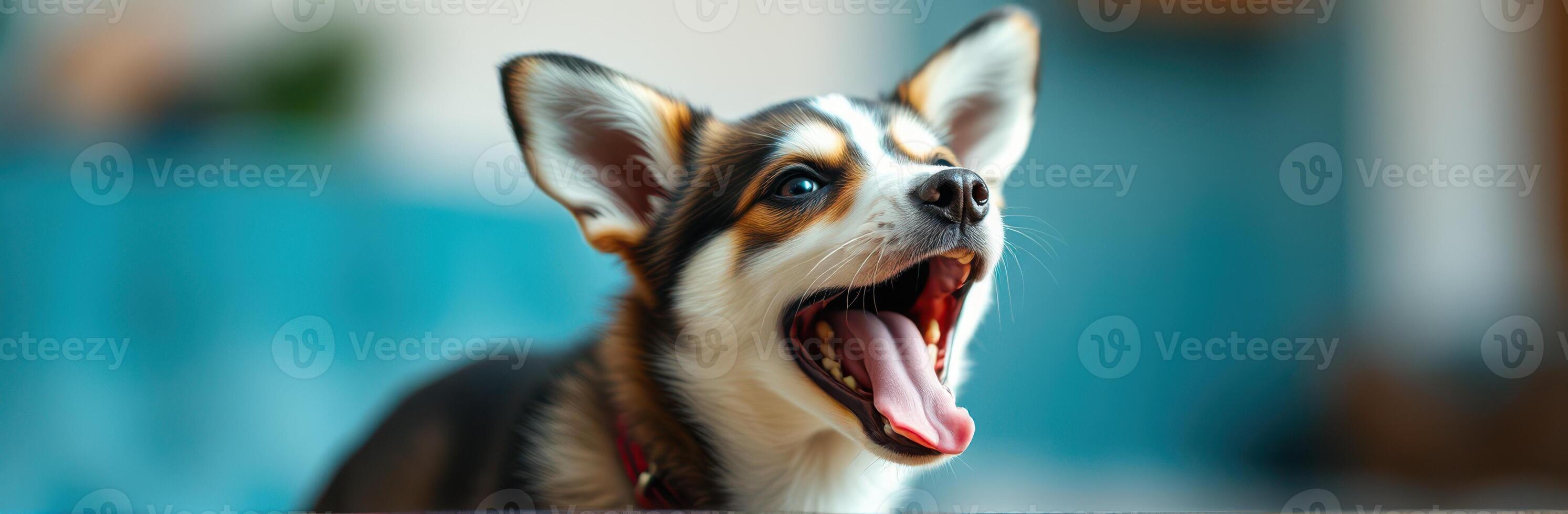 Happy corgi puppy yawning with blue background in a bright living room during afternoon sunlight photo