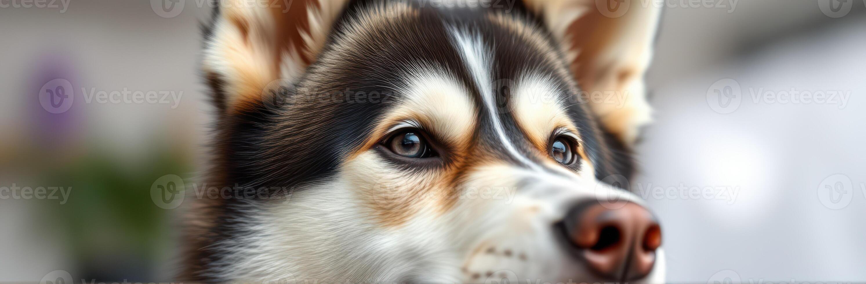 Close-up of a curious Siberian Husky with striking blue eyes during a sunny indoor afternoon photo