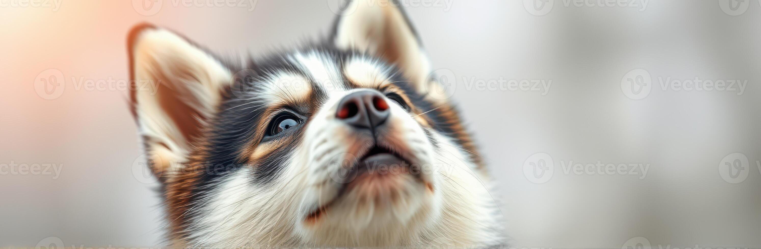 Cute dog looking up with curious expression in a soft light setting outdoors during early morning photo