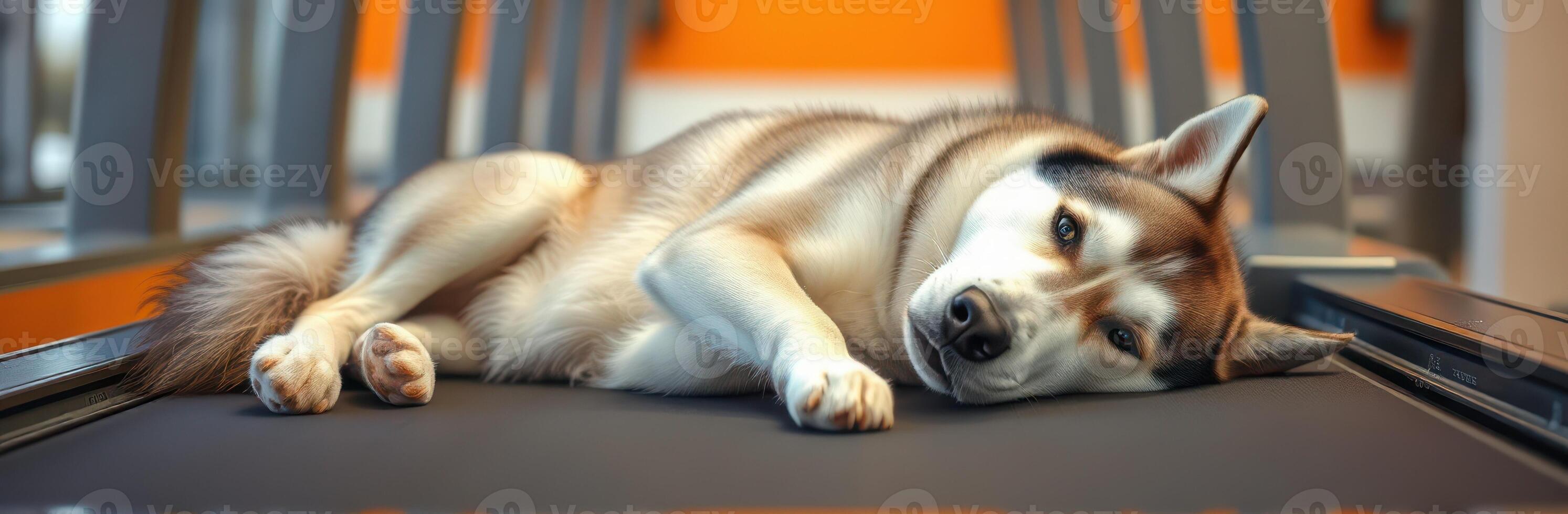 Husky relaxes on treadmill at a gym, illustrating a mix of fitness and leisure in an indoor setting photo