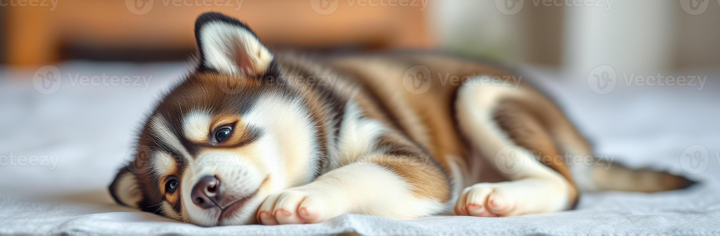 Cute puppy resting indoors during the morning light on a soft blanket photo