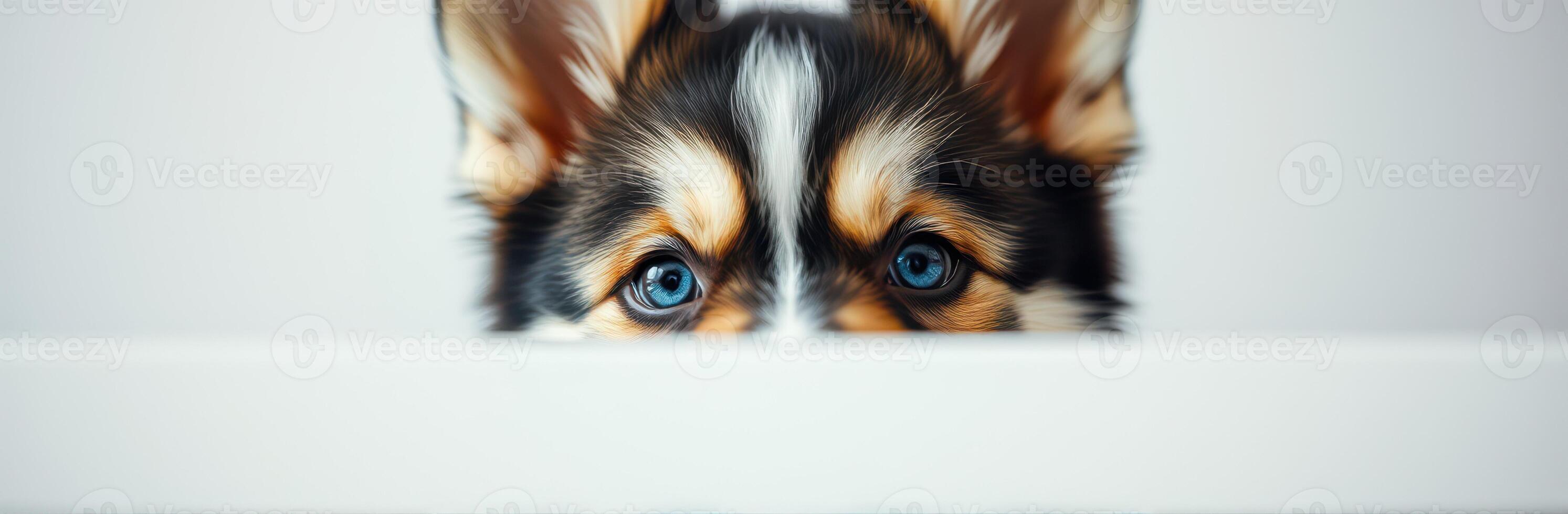 Corgi puppy peeking over a white surface with striking blue eyes in a modern indoor setting photo