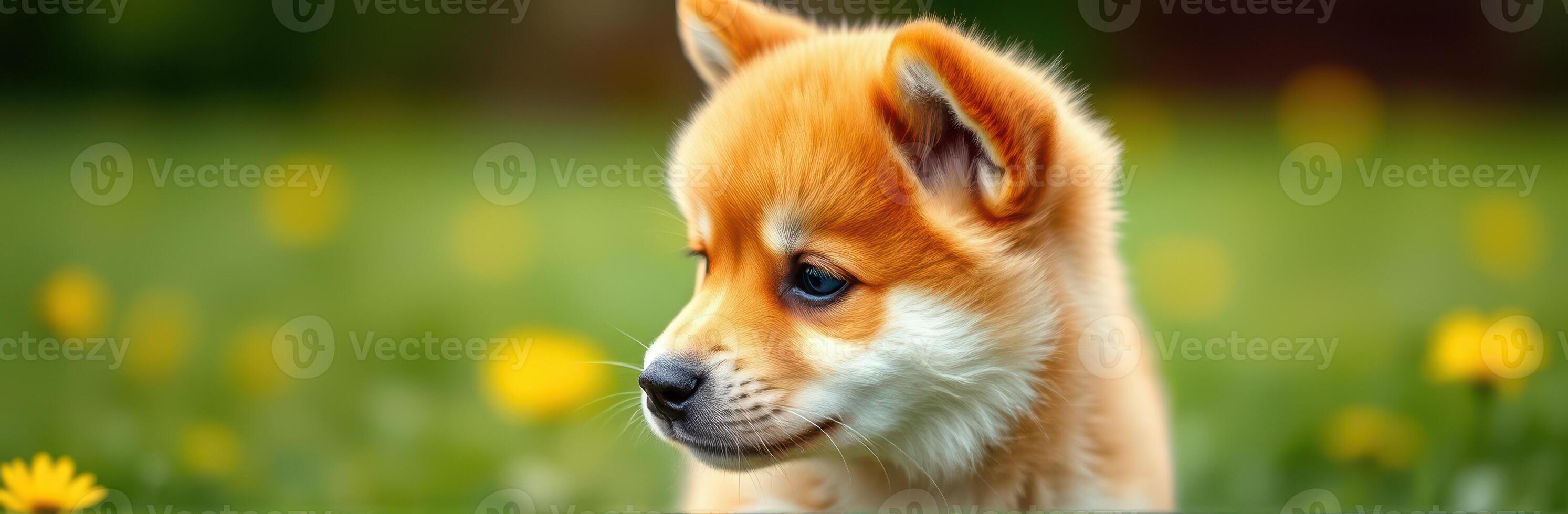 Cuddly puppy exploring a sunny garden filled with wildflowers in spring photo