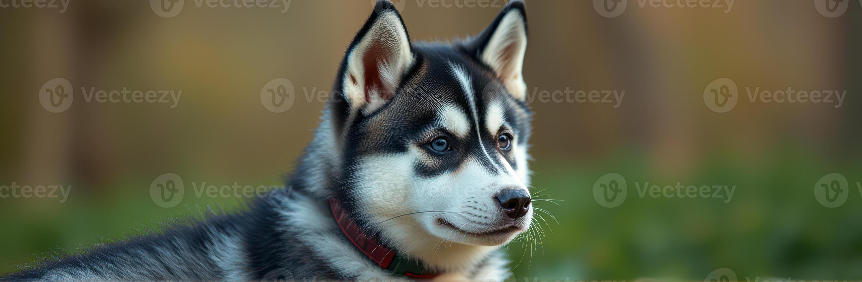 Siberian husky puppy relaxing in a natural setting during the golden hour of the evening photo