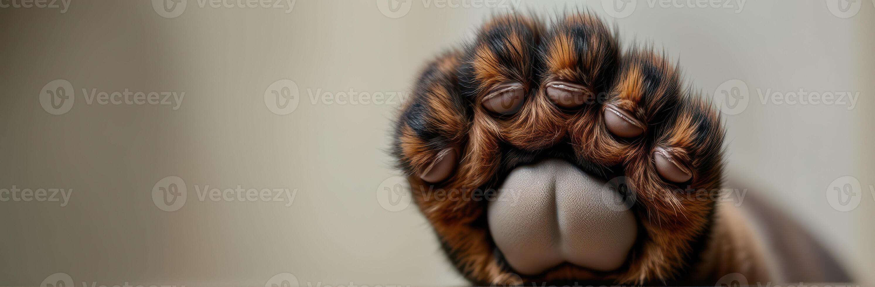 Large animal paw resting on a surface, showcasing intricate fur patterns and claws in a calm indoor setting photo