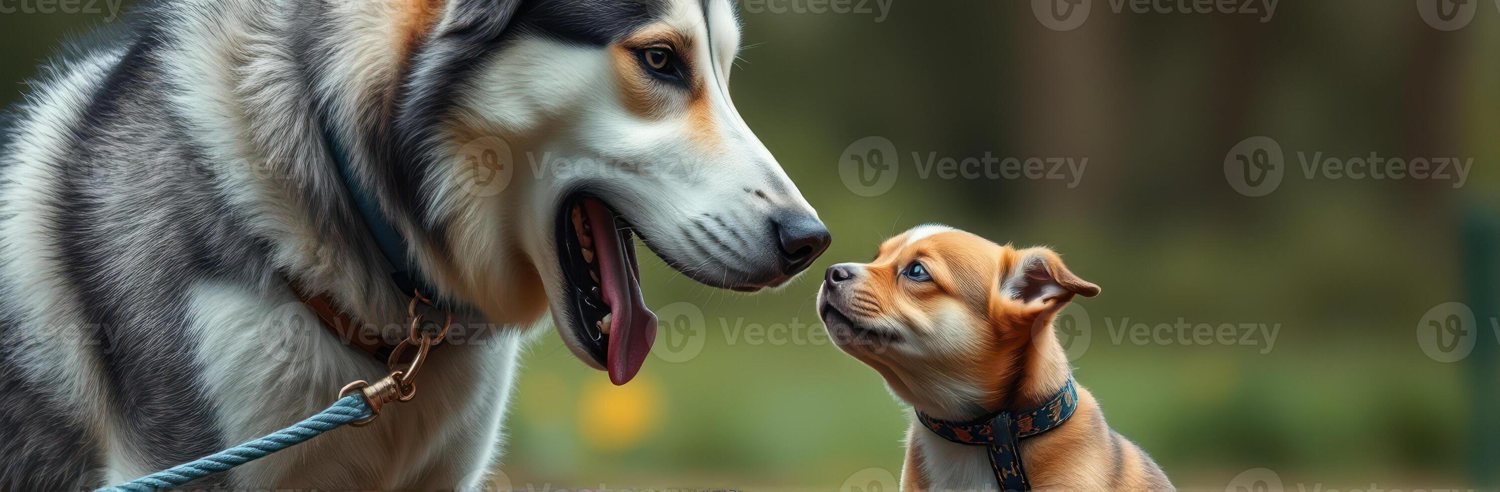 Interaction between a large husky and a small puppy in a serene park setting during a sunny afternoon photo