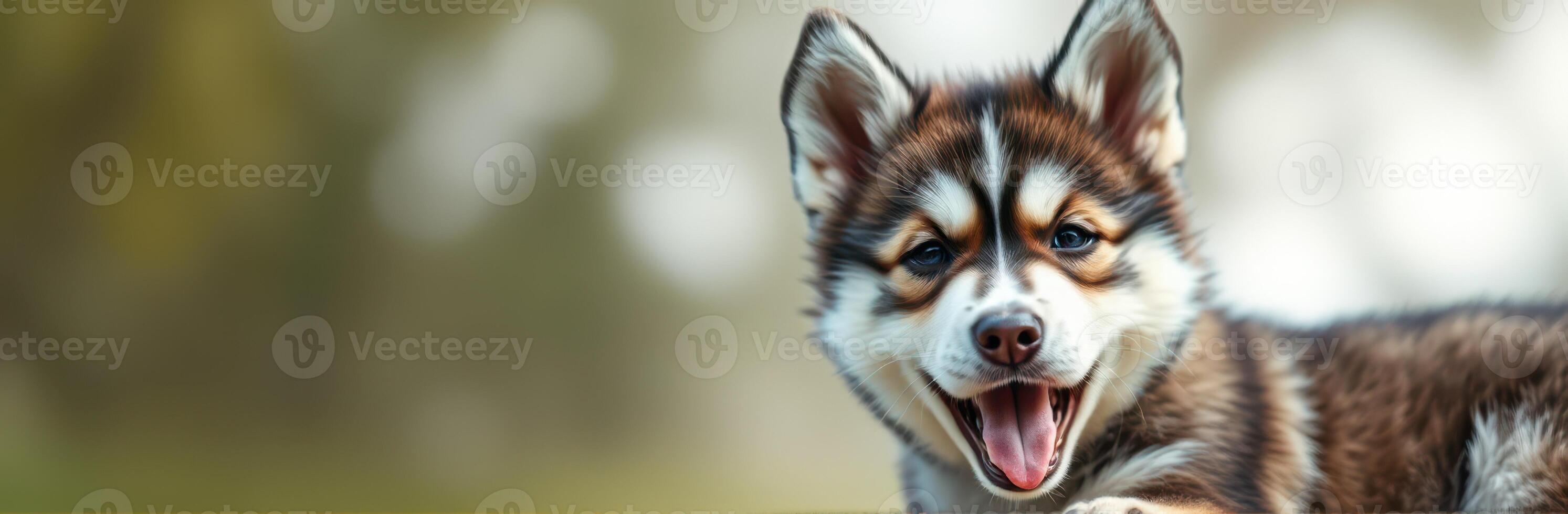 Happy puppy resting outdoors with beautiful background during sunny day, showcasing playful expression and vibrant fur photo