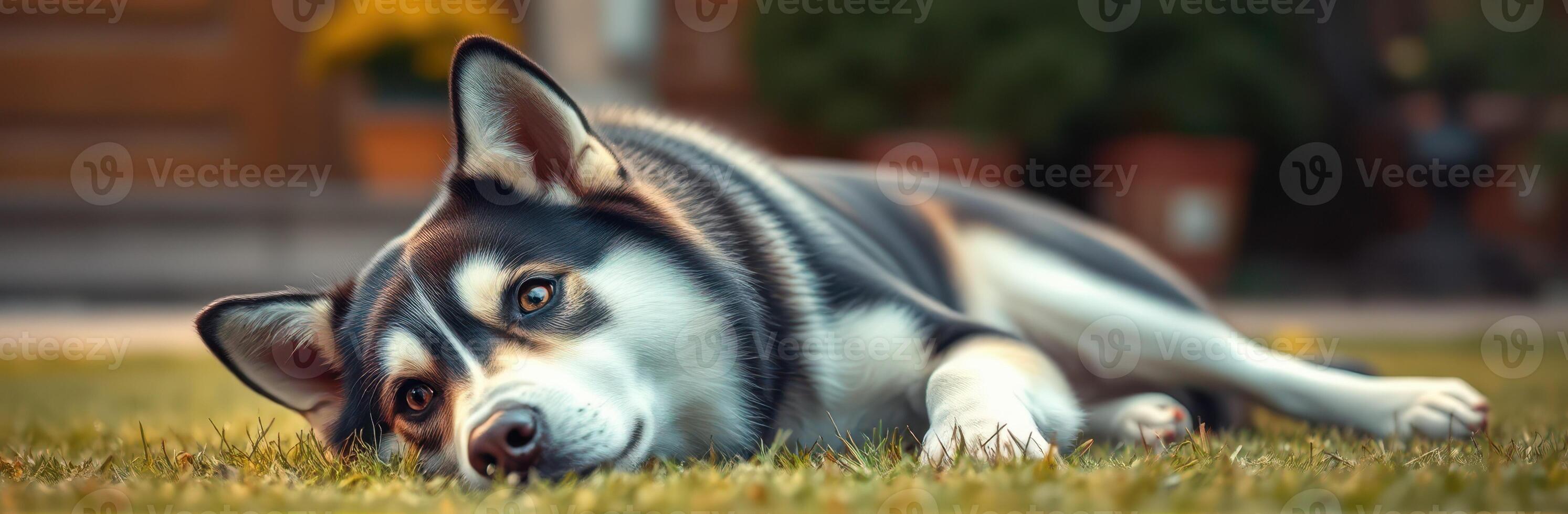 Playful husky resting on green grass in a sunny backyard during afternoon photo