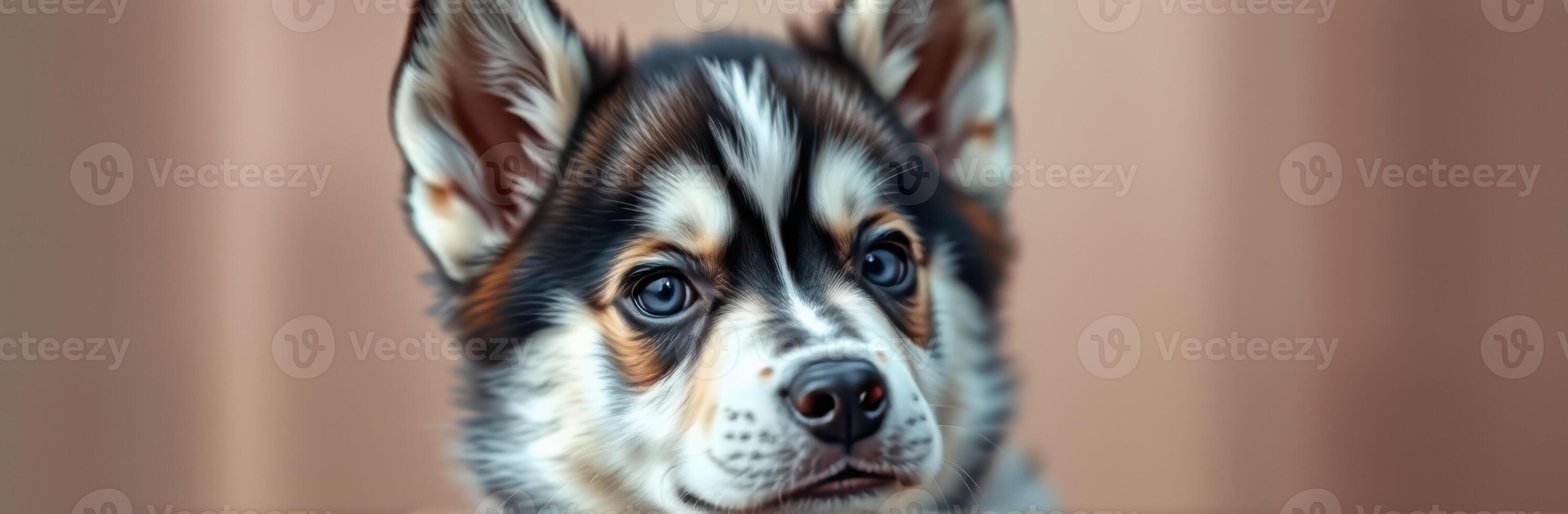 Cute corgi puppy with striking blue eyes looking curiously at the camera in a warm, cozy indoor setting photo