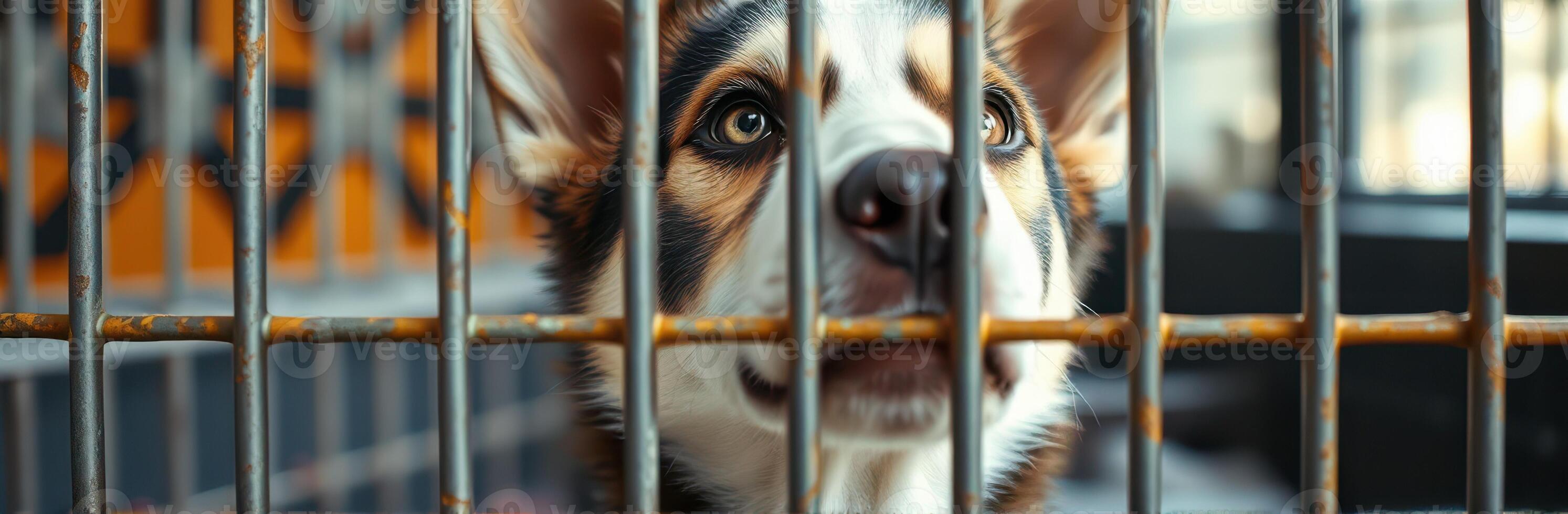 Corgi puppy looking for a forever home at a local animal shelter on a sunny afternoon in the city photo