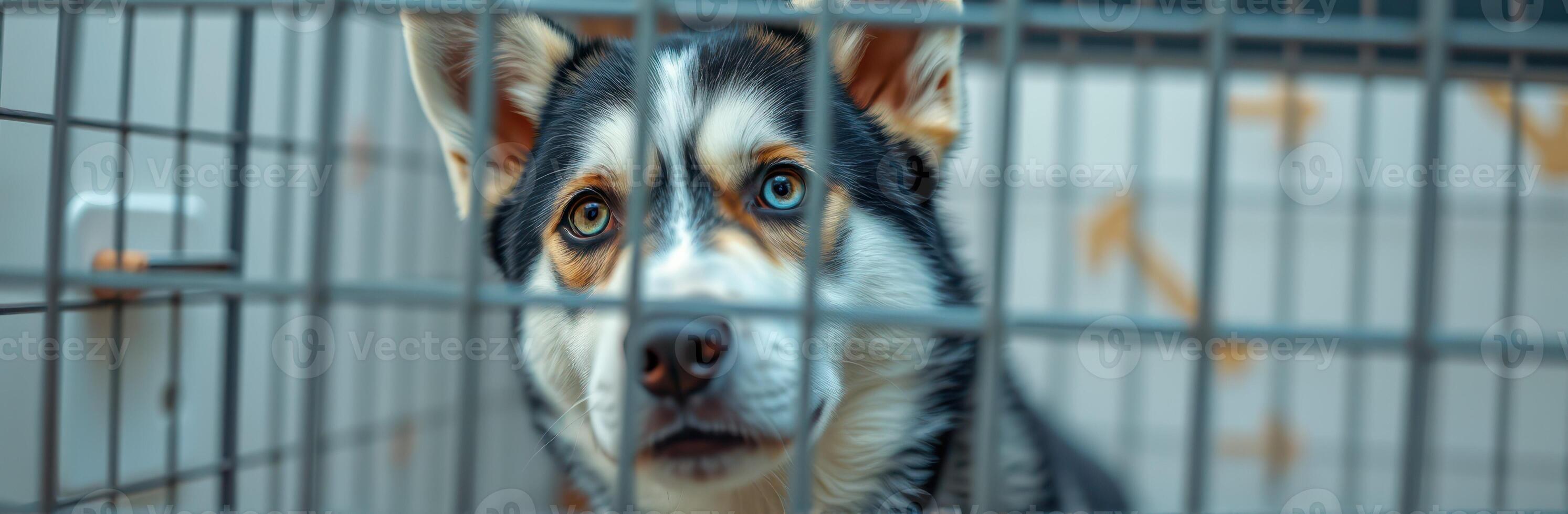 Dog looking through a kennel with hopeful eyes while being sheltered in a rescue facility photo