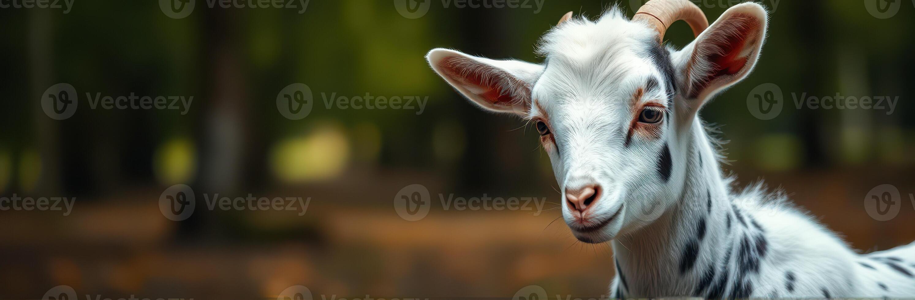 Young spotted goat standing in a lush green forest showcasing its playful nature under soft sunlight photo