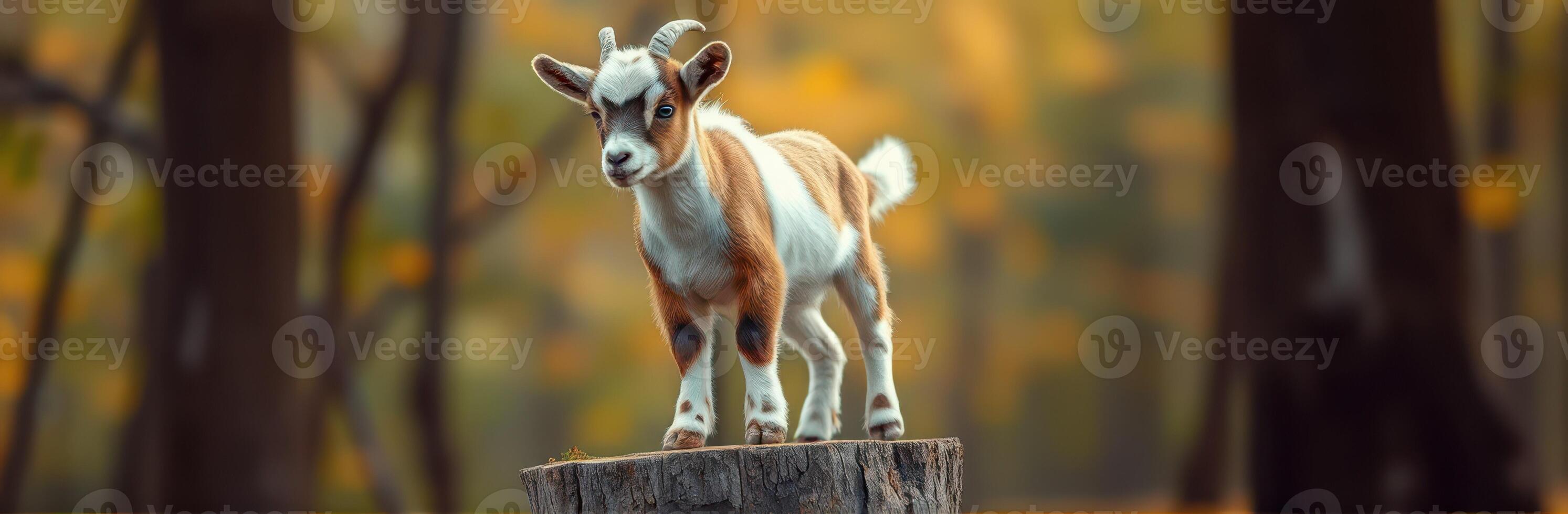 Goat standing confidently on a wooden stump in a forest during autumn foliage photo