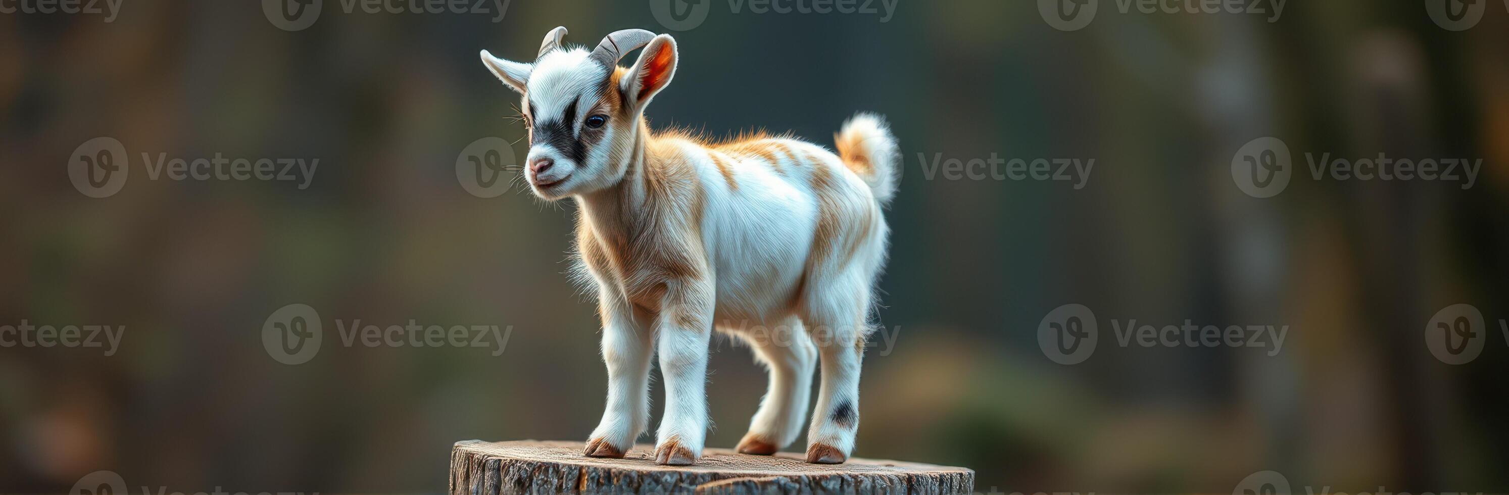 Goat kid standing on a log in a forest during daytime with soft light filtering through the trees photo