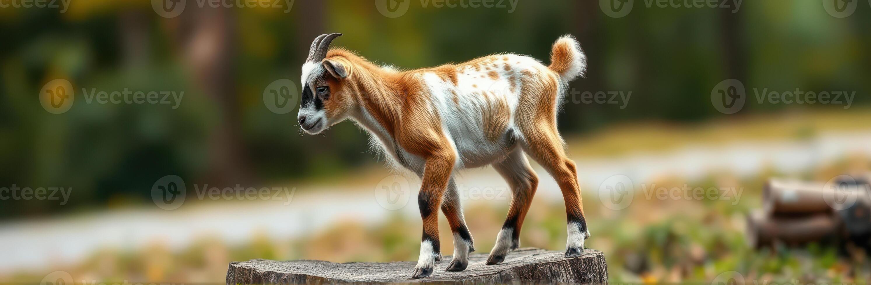 Young goat explores a wooden log in a sunny forest during autumn photo