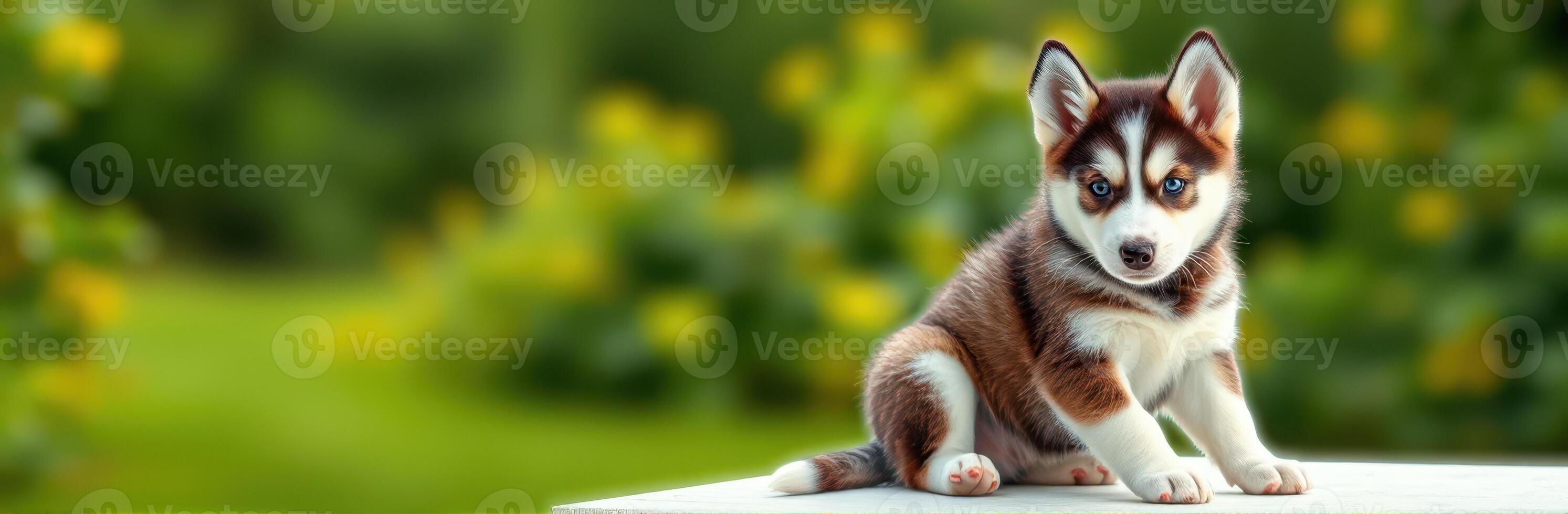 Cute husky puppy sitting on a white surface with blooming flowers in the background during a sunny day photo